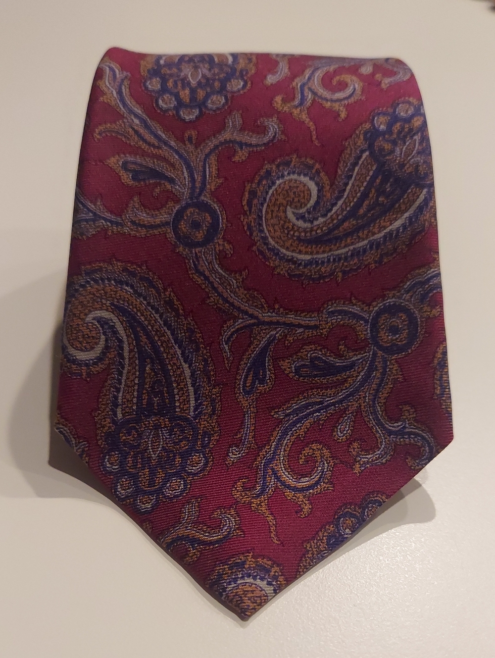 Vintage Rooster Paisley Silk Tie in Wine Red with Blue & Gold Accents